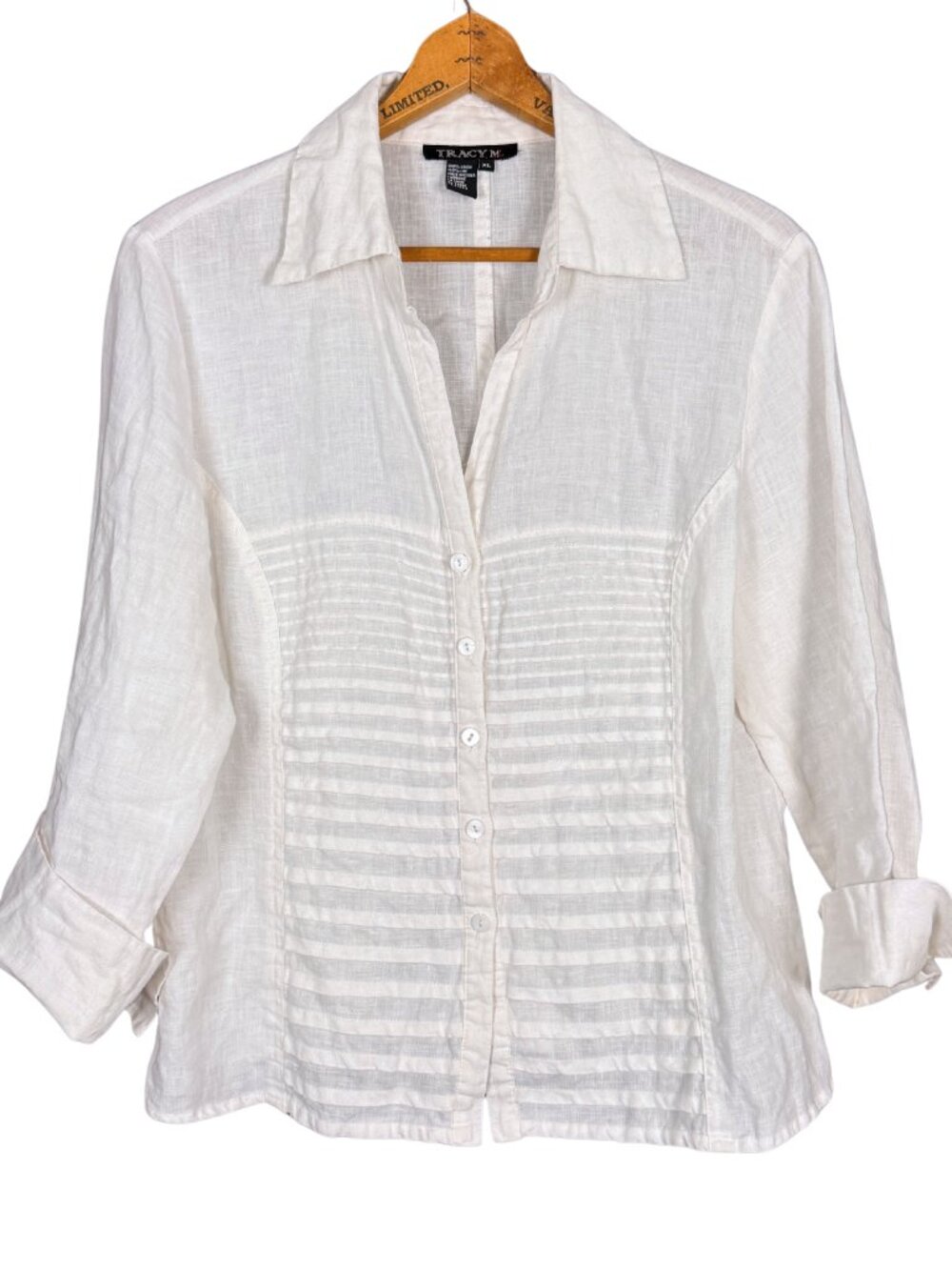 100% Linen White Button Front Blouse XL | Lightweight Collared Shirt